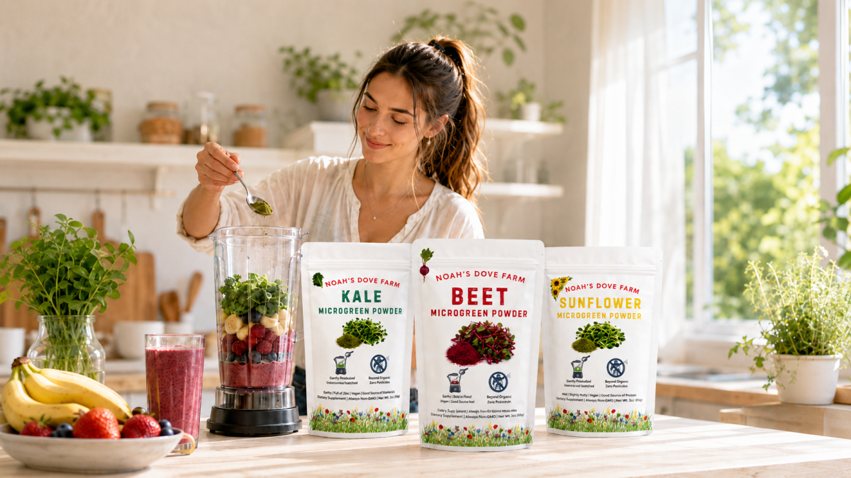 Noah's Dove Farm microgreen powder being mixed into a smoothie