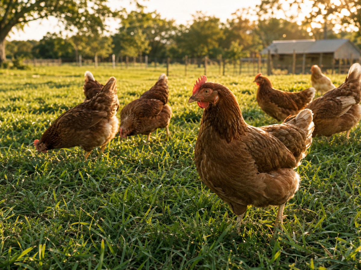 Pasture-raised hens at Noah's Dove Farm